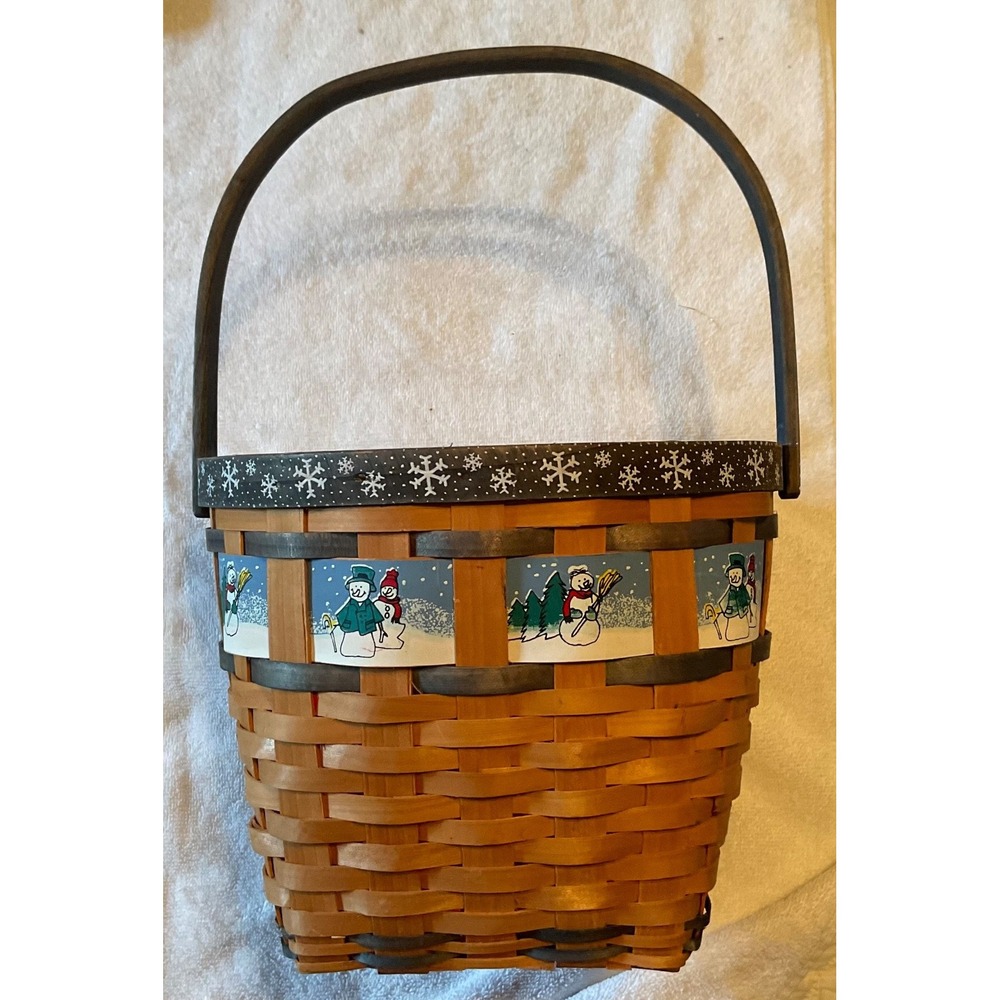 Handmade Snowman Basket w/Handle 16" High, 10"Diameter Woven Festive Handpainted - Picture 4 of 7